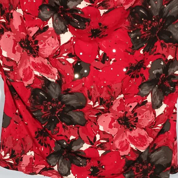 STYLE & CO Sparkly Top Red Black White Floral Cowl Neck 3/4 Sleeve Medium - Picture 5 of 7